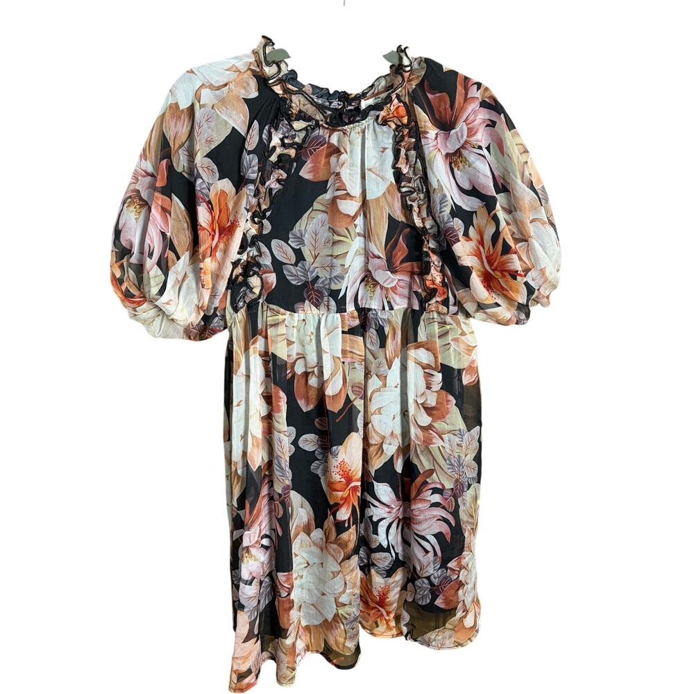 Entro Floral Babydoll Dress Black Ruffle Neck Boho Mini Sheer Overlay Size M